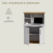Frontansicht eines kompakten Sekretär-/Schreibschranks in Weiß mit Holzplatte, geöffneter Klappe als Schreibfläche und viel Stauraum mit Regalfächern sowie Unterschrank mit zwei geöffneten Türen; Hinweis auf Kippschutzsicherung