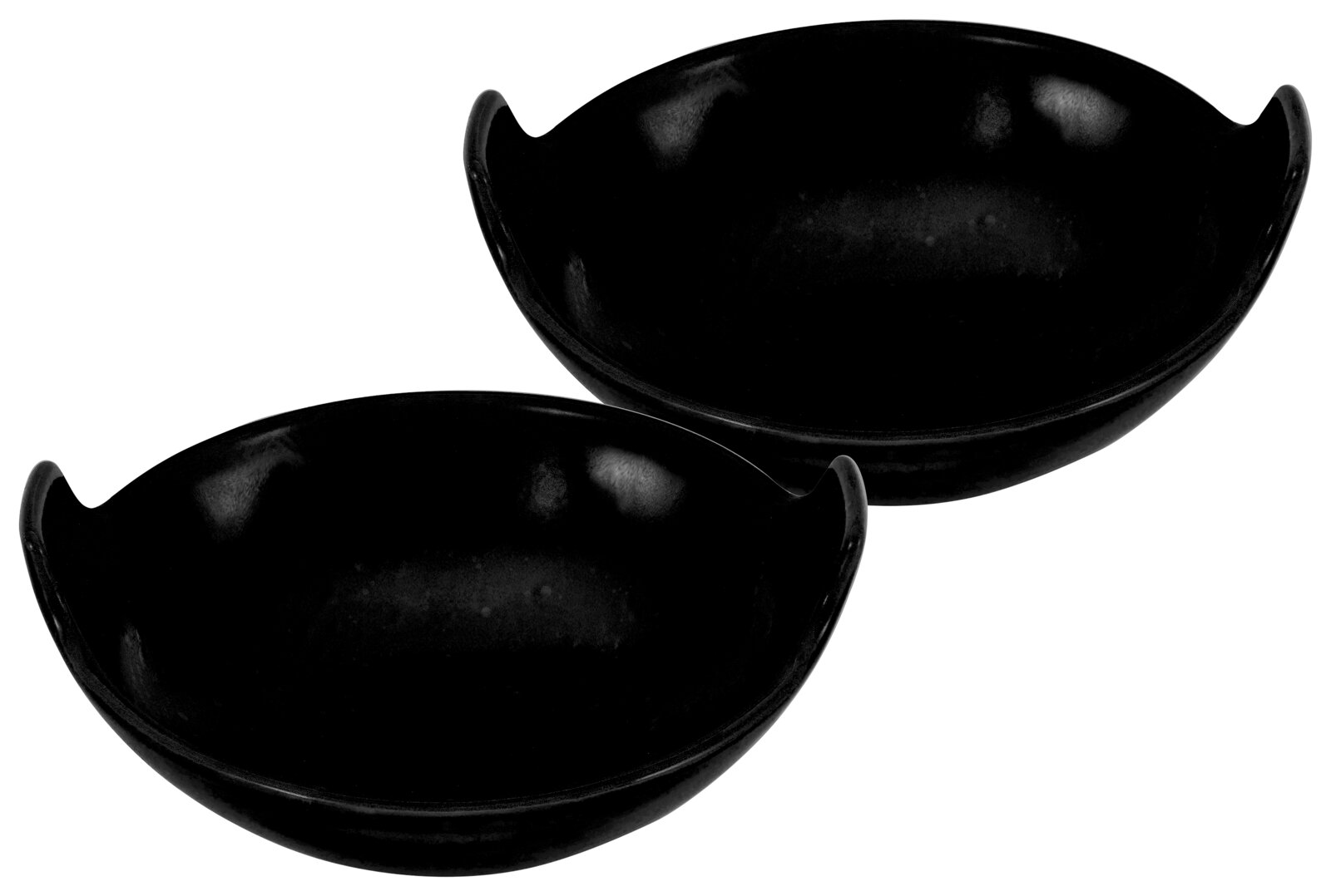 Creatable Balti Dish 2-tlg STREET FOOD Zwei schwarze, glänzende Servier- oder Suppenschalen mit seitlichen Griffmulden, schräg von oben in Vorderansicht freigestellt auf weißem Hintergrund