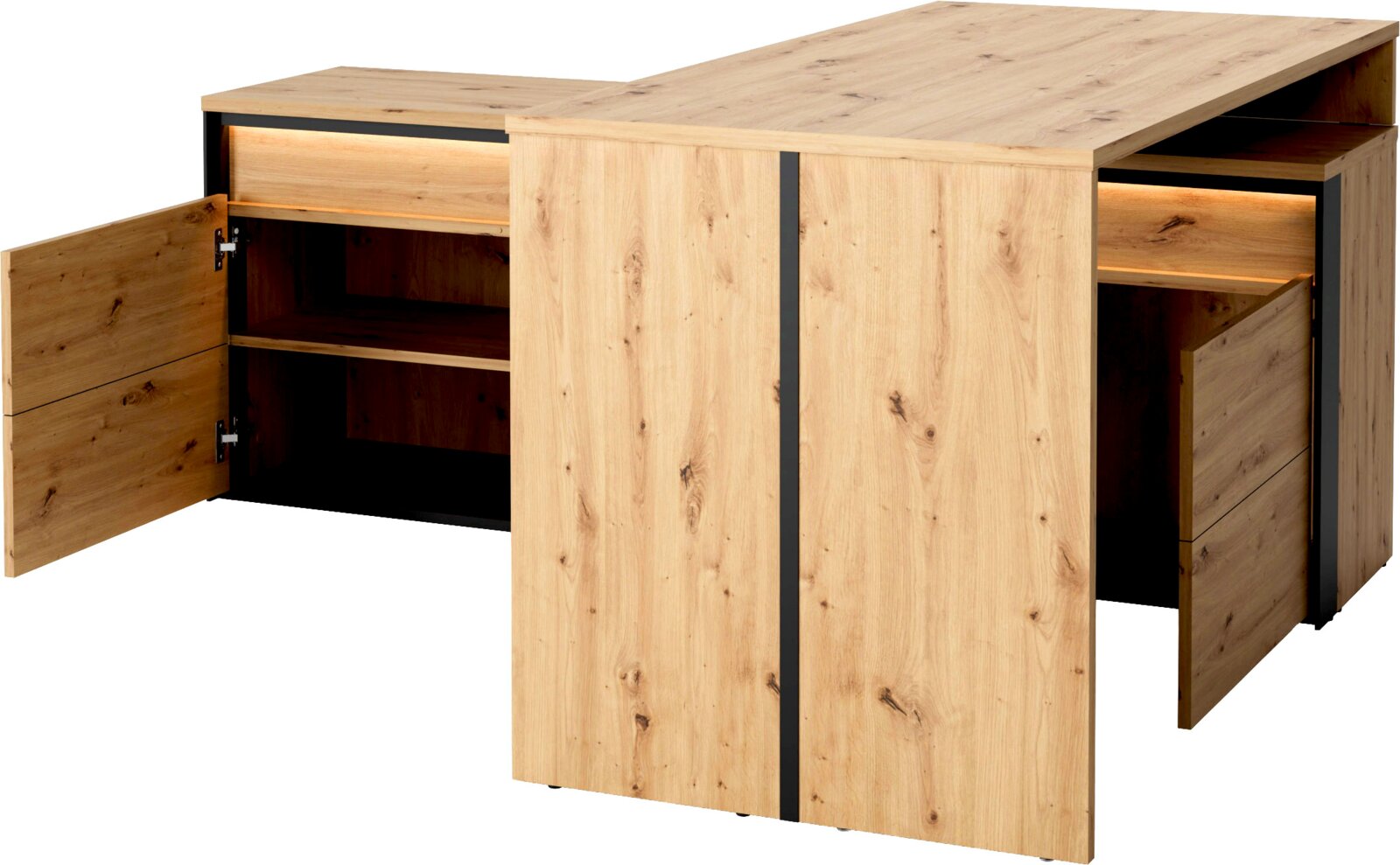 Moderner Eckschreibtisch in natürlicher Holzoptik mit schwarzen Akzenten, integrierter LED-Beleuchtung, offenen Türen und mehreren Ablagefächern, aus schräger Vorderansicht