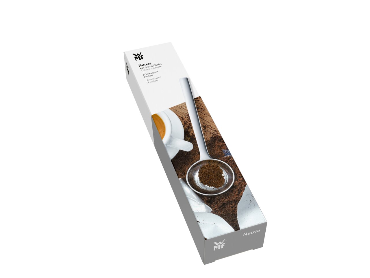 De verpakking van de Nuova-koffiemetlepel van WMF, schuin van bovenaf gefotografeerd, toont de lepel op koffiepoeder.