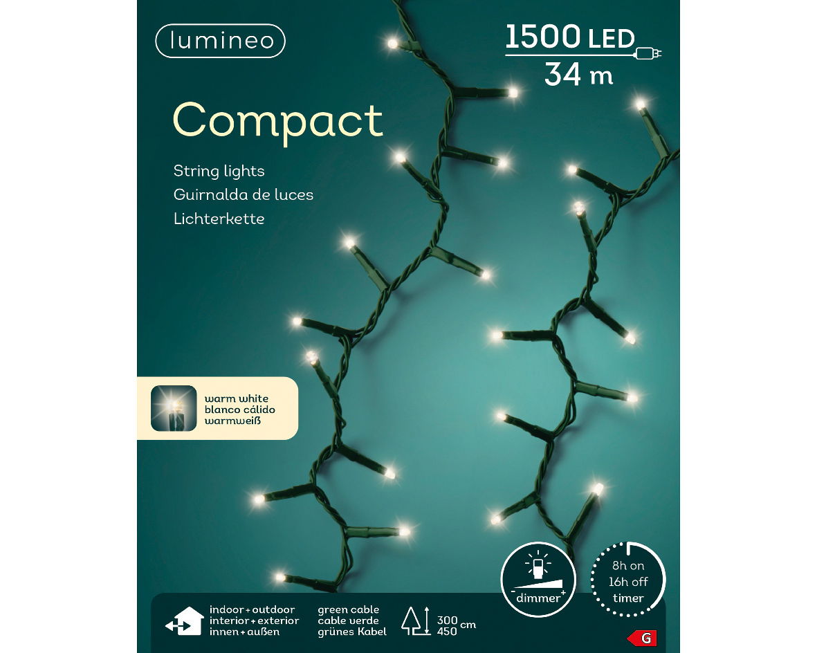 Lichterkette mit 1500 warmweißen LEDs, 34 m Länge, grünes Kabel, geeignet für innen und außen, mit Timer und Dimmer, Produktverpackung von vorne
