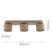 LED-Spot mit drei zylinderförmigen Leuchten, seitliche Perspektive, Maße: 46-55,5 cm Länge, 9,5-18 cm Breite, 11,8-16,5 cm Höhe