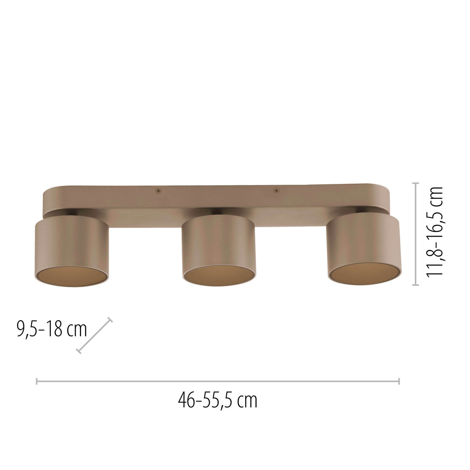 LED-Spot mit drei zylinderförmigen Leuchten, seitliche Perspektive, Maße: 46-55,5 cm Länge, 9,5-18 cm Breite, 11,8-16,5 cm Höhe