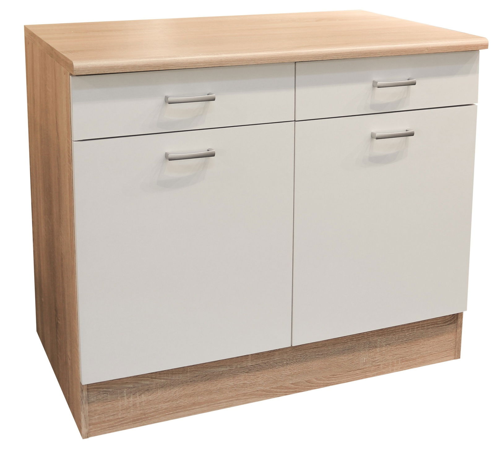 Moderner Unterschrank mit zwei Schubladen und zwei Türen in Holzoptik, Frontalansicht