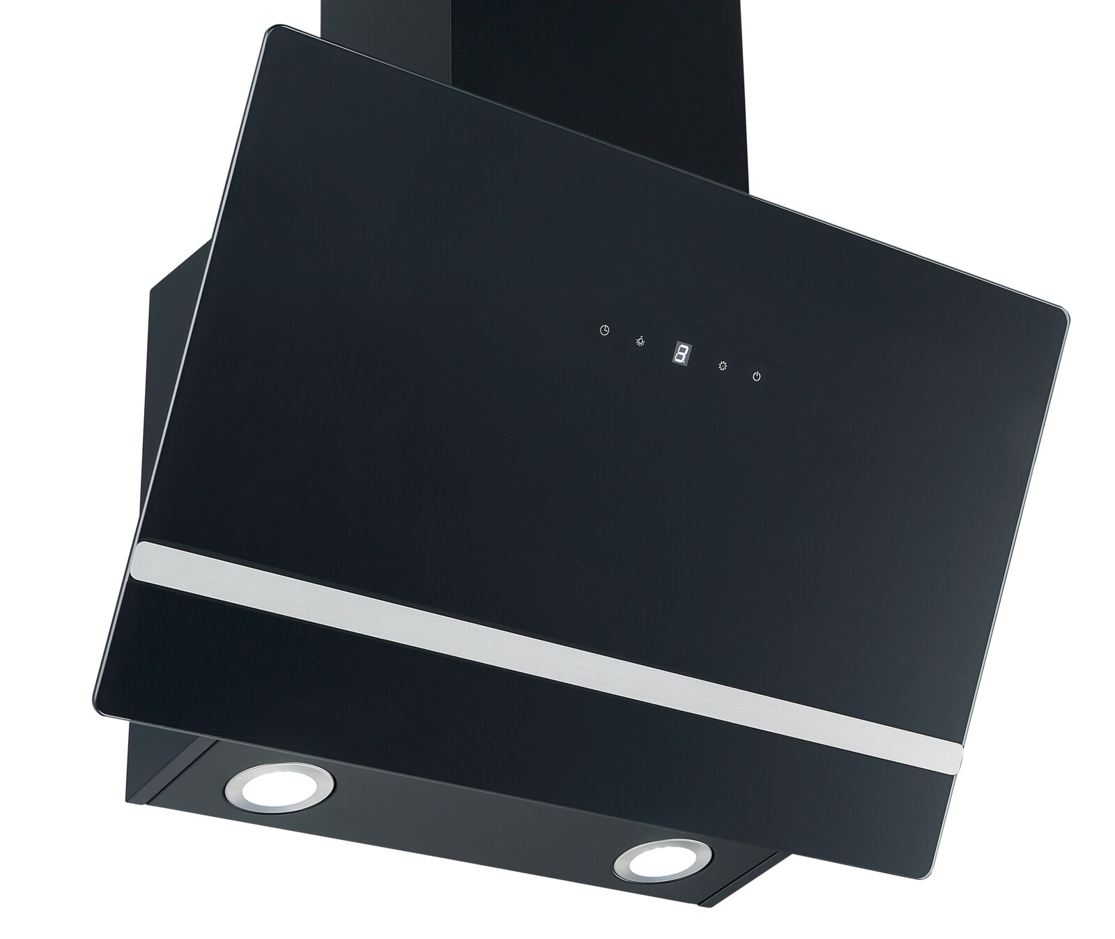 Schwarze, schräge Wand-Dunstabzugshaube aus Glas mit Edelstahlleiste, Touch-Bedienfeld mit digitaler Anzeige und zwei integrierten LED-Leuchten, Perspektive: schräg von vorne/leicht von unten.
