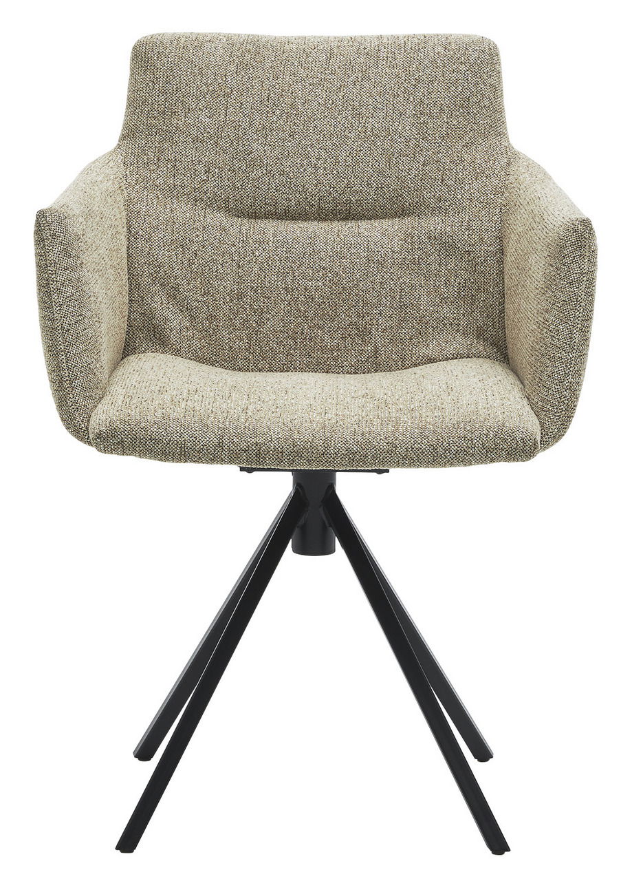 Moderner Sessel mit beigem Stoffbezug und schwarzem Metallgestell, Frontalansicht