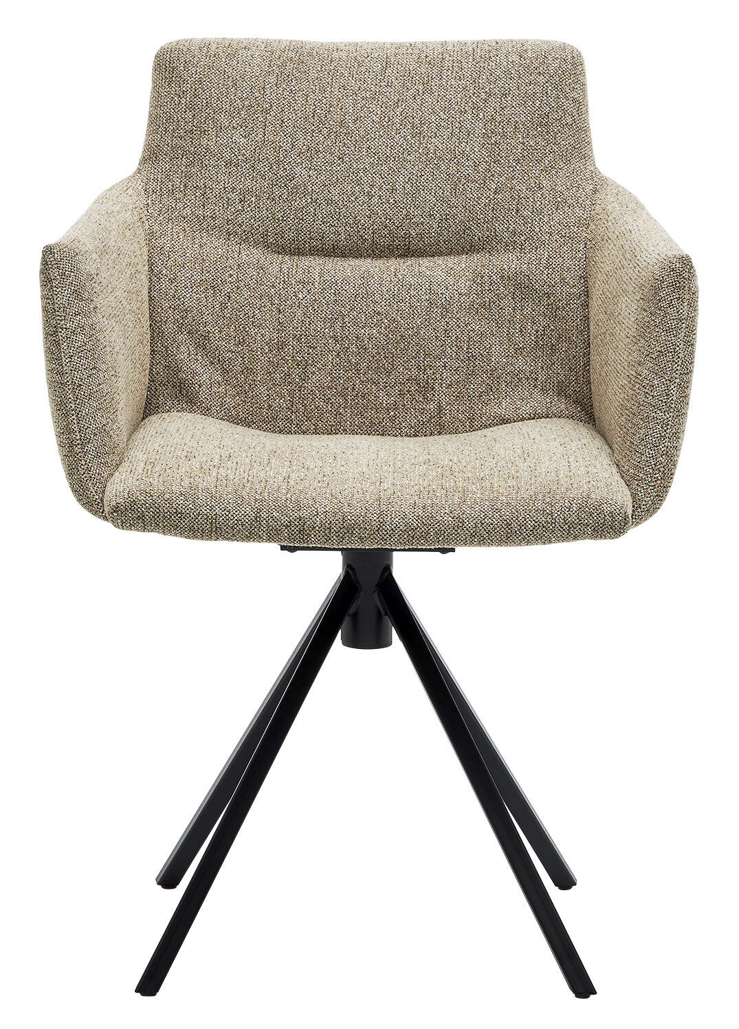 Moderner Sessel mit beigem Stoffbezug und schwarzem Metallgestell, Frontalansicht
