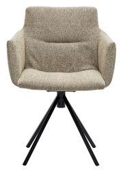 Moderner Sessel mit beigem Stoffbezug und schwarzem Metallgestell, Frontalansicht