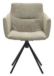 Moderner Sessel mit beigem Stoffbezug und schwarzem Metallgestell, Frontalansicht