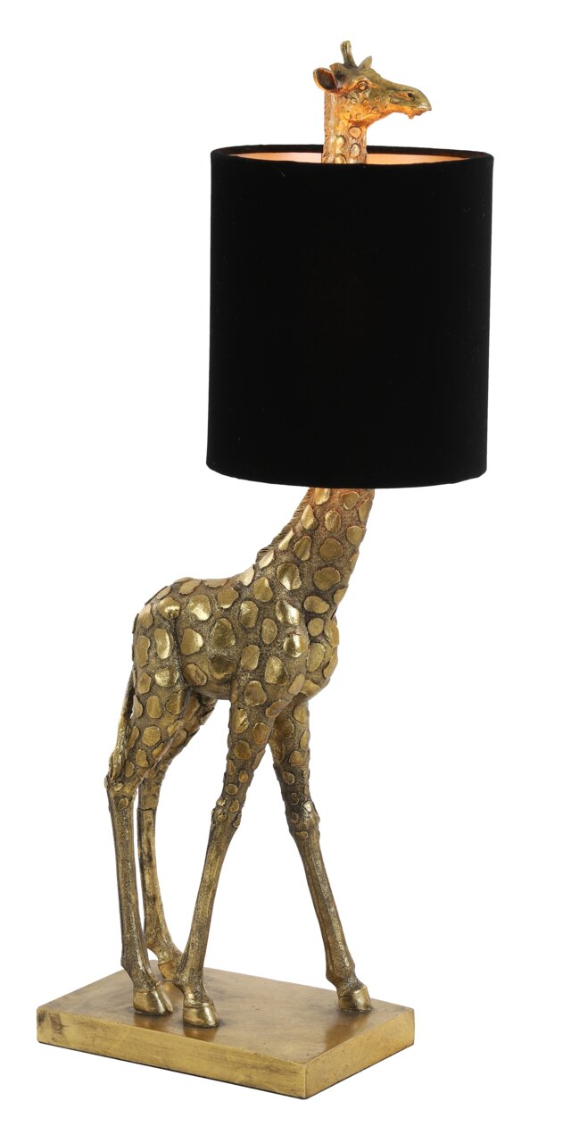 Goldene Tischleuchte in Form einer Giraffe mit schwarzem Lampenschirm, seitliche Perspektive