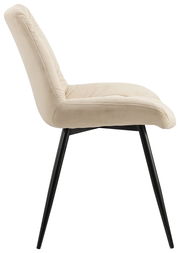 Seitenansicht eines modernen Stuhls mit beigem Polster und schwarzen Metallbeinen.