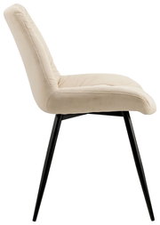 Seitenansicht eines modernen Stuhls mit beigem Polster und schwarzen Metallbeinen.
