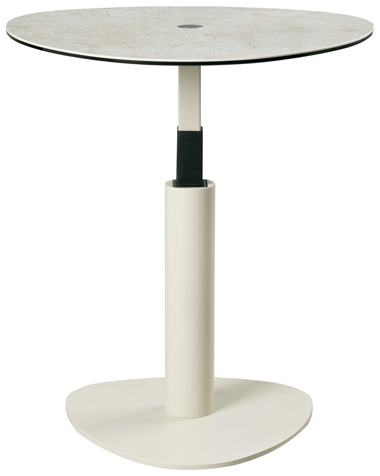Moderner Beistelltisch mit rundem, hellem Tischplatte und stabilem, zylindrischem Standfuß, seitliche Perspektive