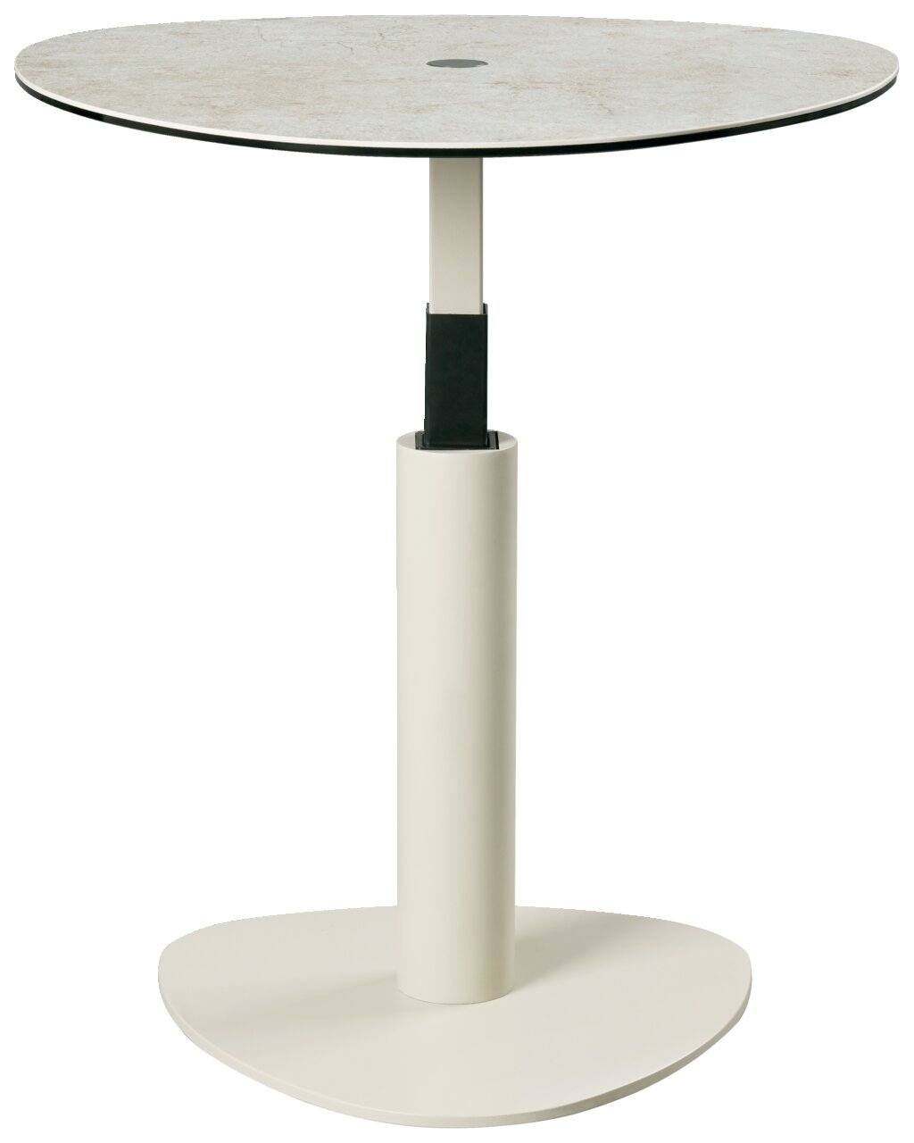 Moderner Beistelltisch mit rundem, hellem Tischplatte und stabilem, zylindrischem Standfuß, seitliche Perspektive