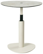 Moderne bijzettafel met een rond, licht blad en een stevige, cilindervormige voet, zijaanzicht