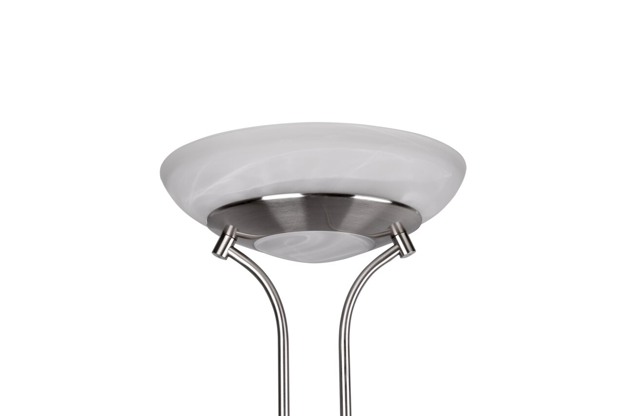 Nahaufnahme eines modernen LED-Deckenfluters mit gebürstetem Metall und weißem Glasschirm, von unten betrachtet.