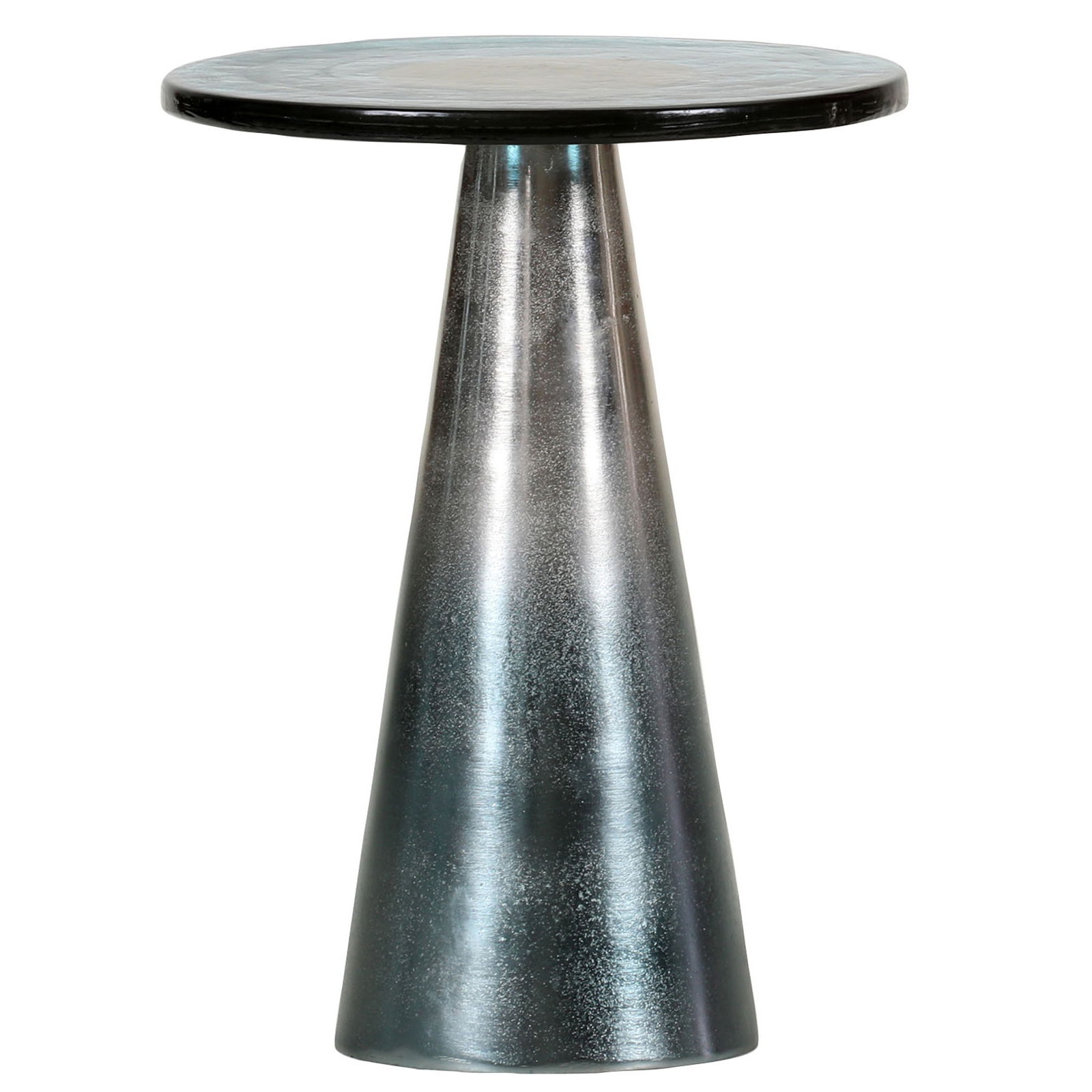 Moderner Beistelltisch aus Metall in konischer Form, frontal fotografiert.