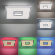 Moderne witte plafondlamp RECESS met vierkant ontwerp en verschillende lichtkleuren, gezien van onderaf.