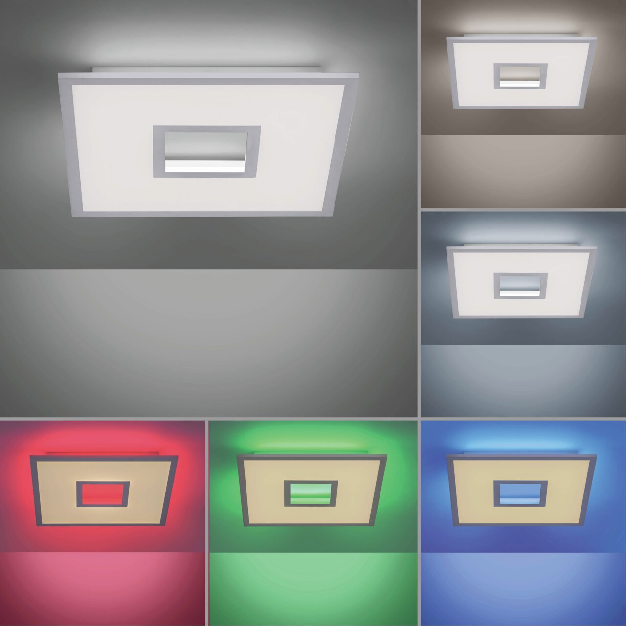 Moderne witte plafondlamp RECESS met vierkant ontwerp en verschillende lichtkleuren, gezien van onderaf.