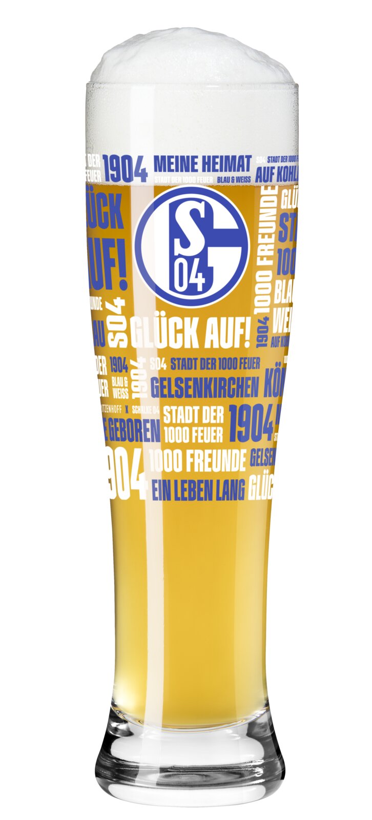 Frontalansicht eines hohen, mit hellem Bier und üppiger Schaumkrone gefüllten Weizenglases im blau-gelben FC-Schalke-04-Design mit Vereinslogo und typografischen Fanmotiven.