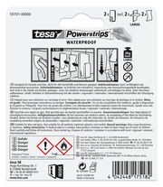 Rückseite der Verpackung von tesa Powerstrips Waterproof, zeigt Anweisungen zur Anwendung und Sicherheitsinformationen. Perspektive: Rückansicht.