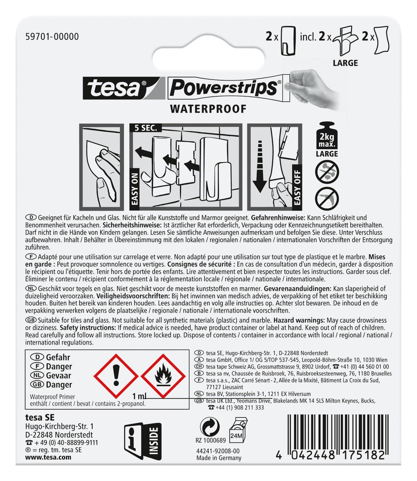 Rückseite der Verpackung von tesa Powerstrips Waterproof, zeigt Anweisungen zur Anwendung und Sicherheitsinformationen. Perspektive: Rückansicht.