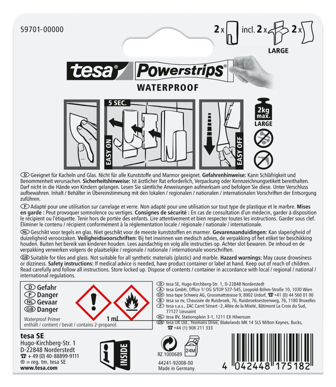 Rückseite der Verpackung von tesa Powerstrips Waterproof, zeigt Anweisungen zur Anwendung und Sicherheitsinformationen. Perspektive: Rückansicht.