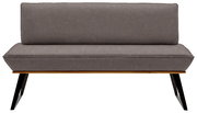 Graue Bank mit gepolsterter Sitzfläche und Rückenlehne, Holzrahmen und schwarzen Metallbeinen, Frontalansicht