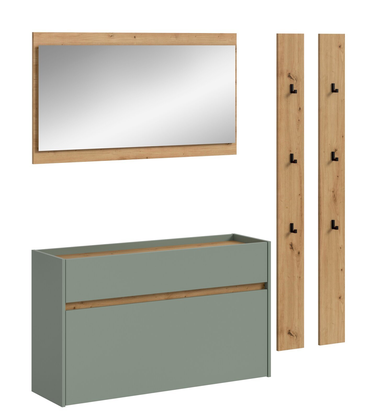 MID.YOU Garderobenkombination DRIVE Badezimmermöbel-Set mit rechteckigem Wandspiegel im Holzrahmen, zwei vertikalen Holzpaneelen mit schwarzen Haken und grünem Waschtischunterschrank mit Holzdetails, in Frontansicht
