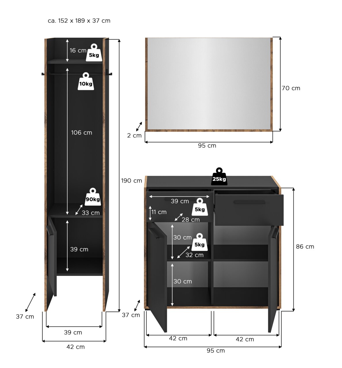 Maßgrafik eines Möbelsets in Schwarz mit Holzoptik: hoher Schrank (ca. 190 x 42 x 37 cm) und Sideboard (ca. 86 x 95 x 37 cm) mit offenen Fächern und Schublade sowie passendem Wandspiegel (ca. 70 x 95 cm); dargestellt in Frontansicht und Seitenansicht mit 