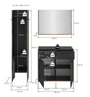 Maßgrafik eines Möbelsets in Schwarz mit Holzoptik: hoher Schrank (ca. 190 x 42 x 37 cm) und Sideboard (ca. 86 x 95 x 37 cm) mit offenen Fächern und Schublade sowie passendem Wandspiegel (ca. 70 x 95 cm); dargestellt in Frontansicht und Seitenansicht mit 