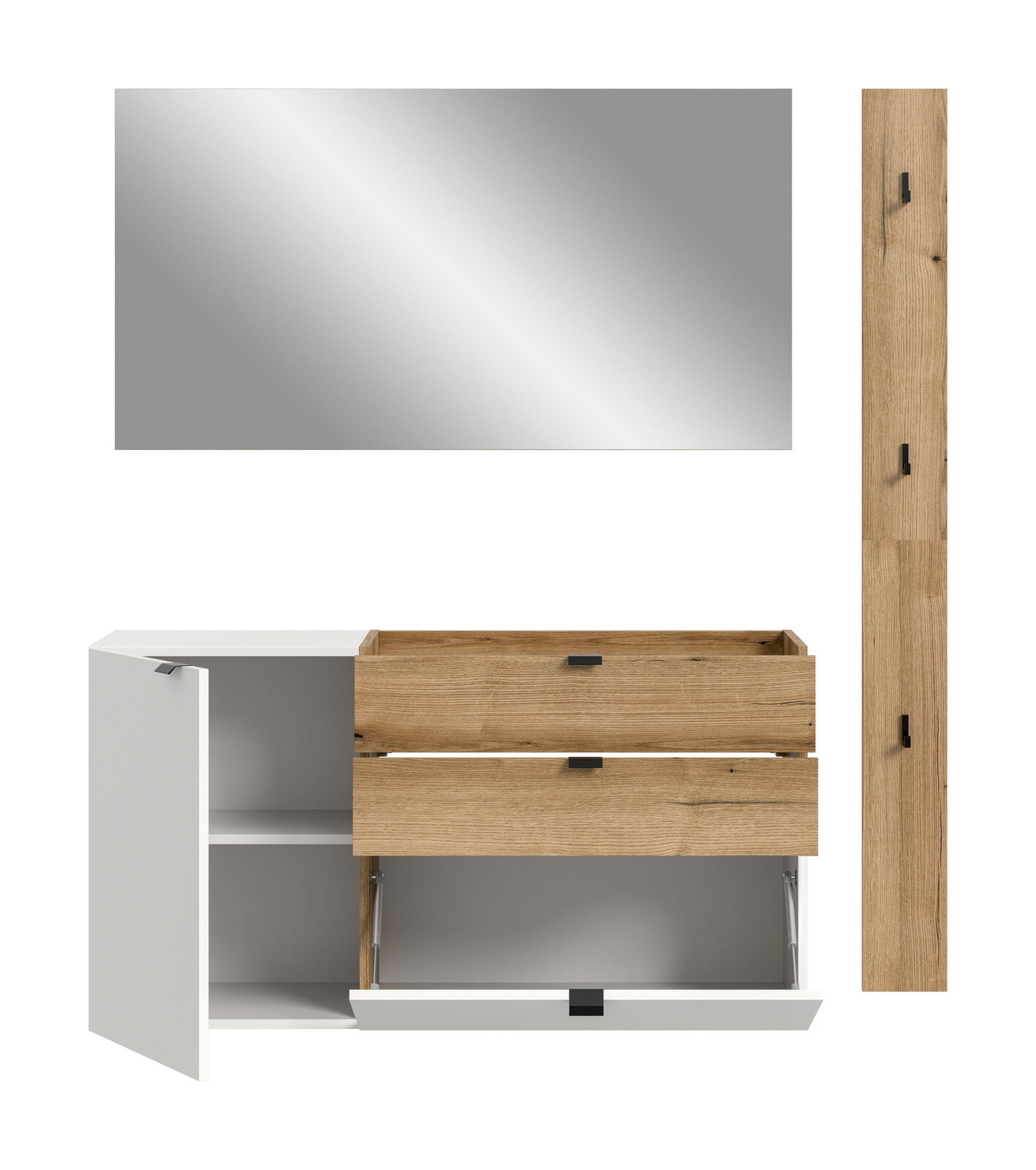 Badezimmer-Waschtischunterschrank in Weiß und Eiche-Optik mit zwei Schubladen, offener Tür links und ausgeklappter Klappe unten, darüber rechteckiger Spiegel; Frontansicht