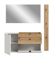 Badezimmer-Waschtischunterschrank in Weiß und Eiche-Optik mit zwei Schubladen, offener Tür links und ausgeklappter Klappe unten, darüber rechteckiger Spiegel; Frontansicht