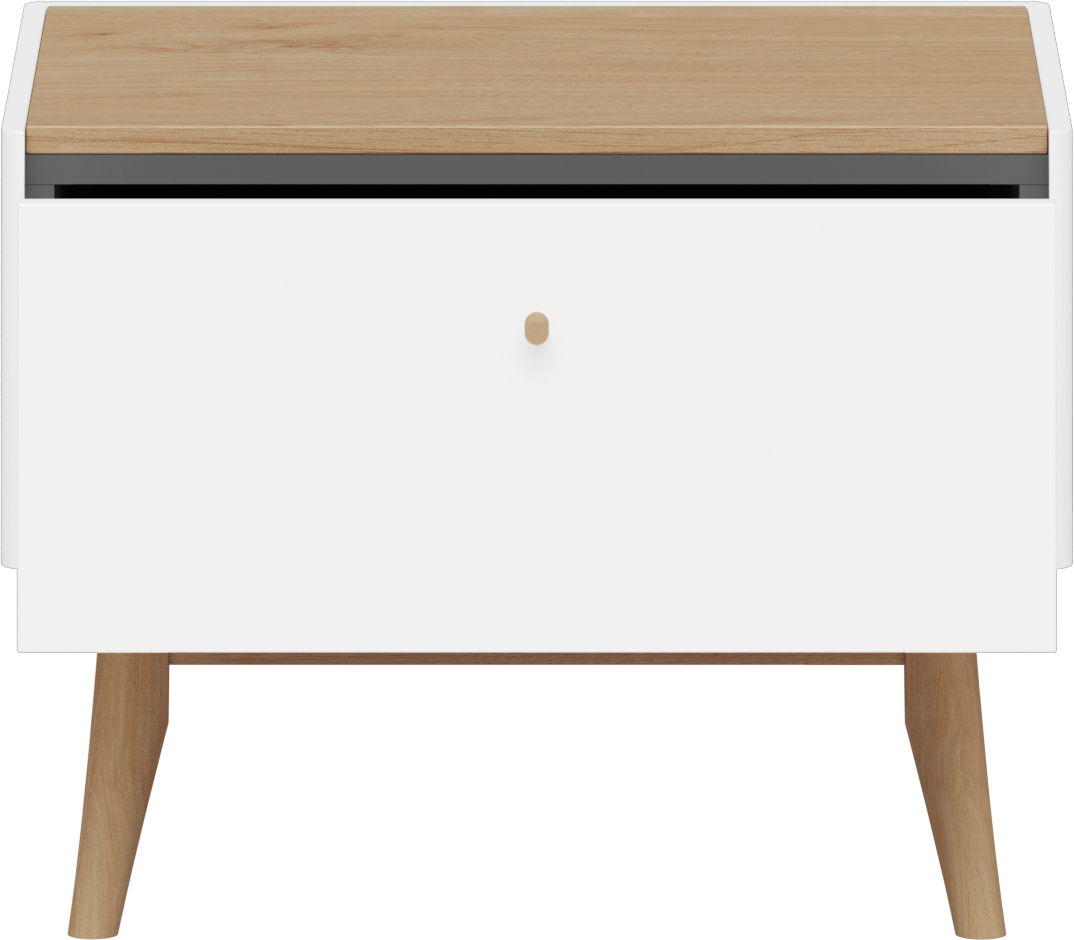 Nachtkonsole mit weißem Korpus und Holzbeinen, Frontalansicht