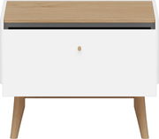 Nachtkonsole mit weißem Korpus und Holzbeinen, Frontalansicht