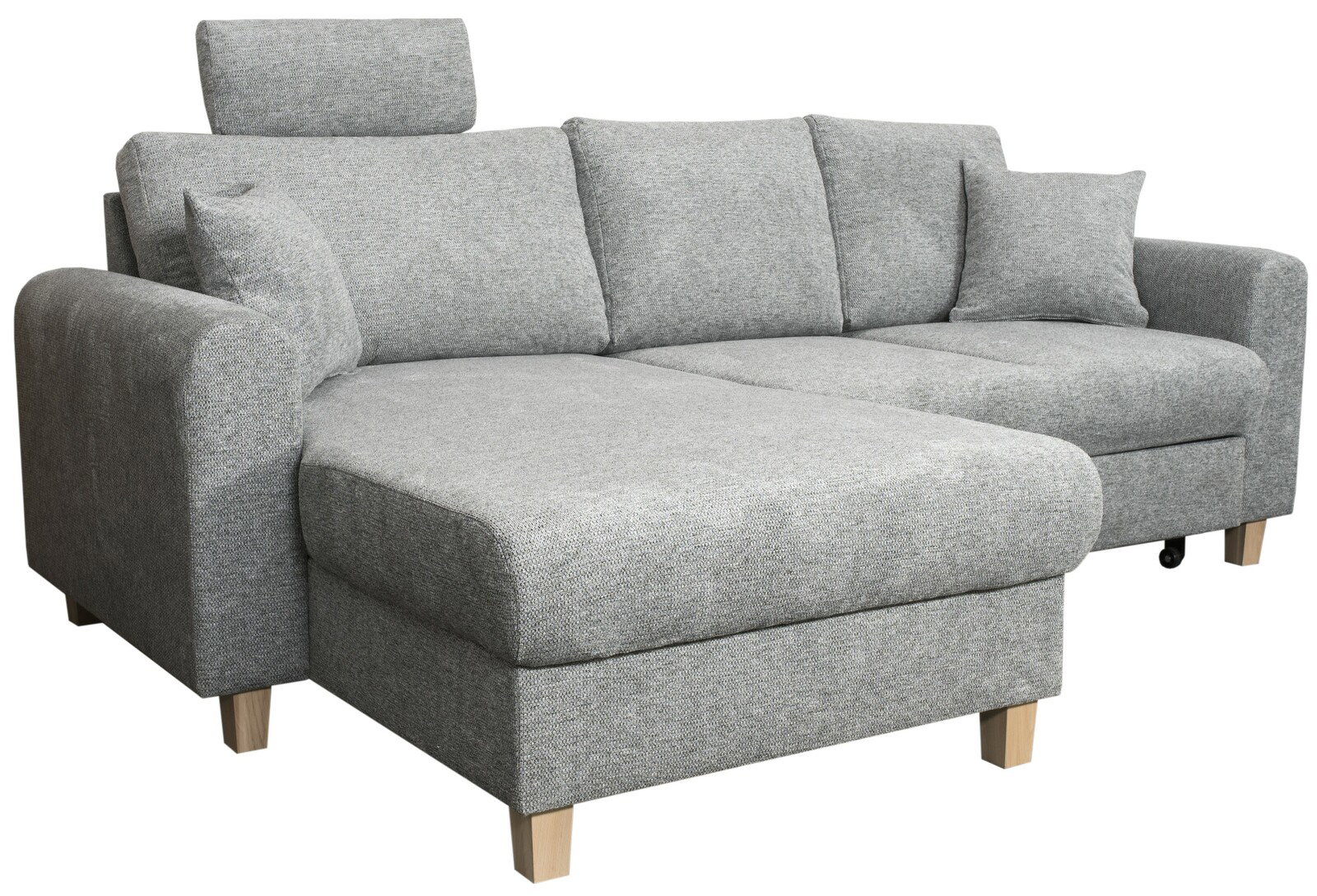 Graues Ecksofa mit Kopfstütze und Kissen, Perspektive von vorne links