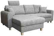 Graues Ecksofa mit Kopfstütze und Kissen, Perspektive von vorne links