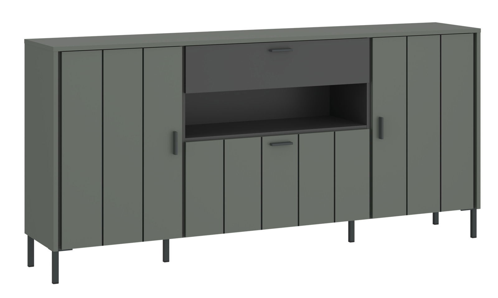 Modernes Sideboard SHIRLEY in dunklem Grau mit mehreren Türen und offenen Fächern, seitliche Perspektive.