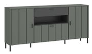 Modernes Sideboard SHIRLEY in dunklem Grau mit mehreren Türen und offenen Fächern, seitliche Perspektive.