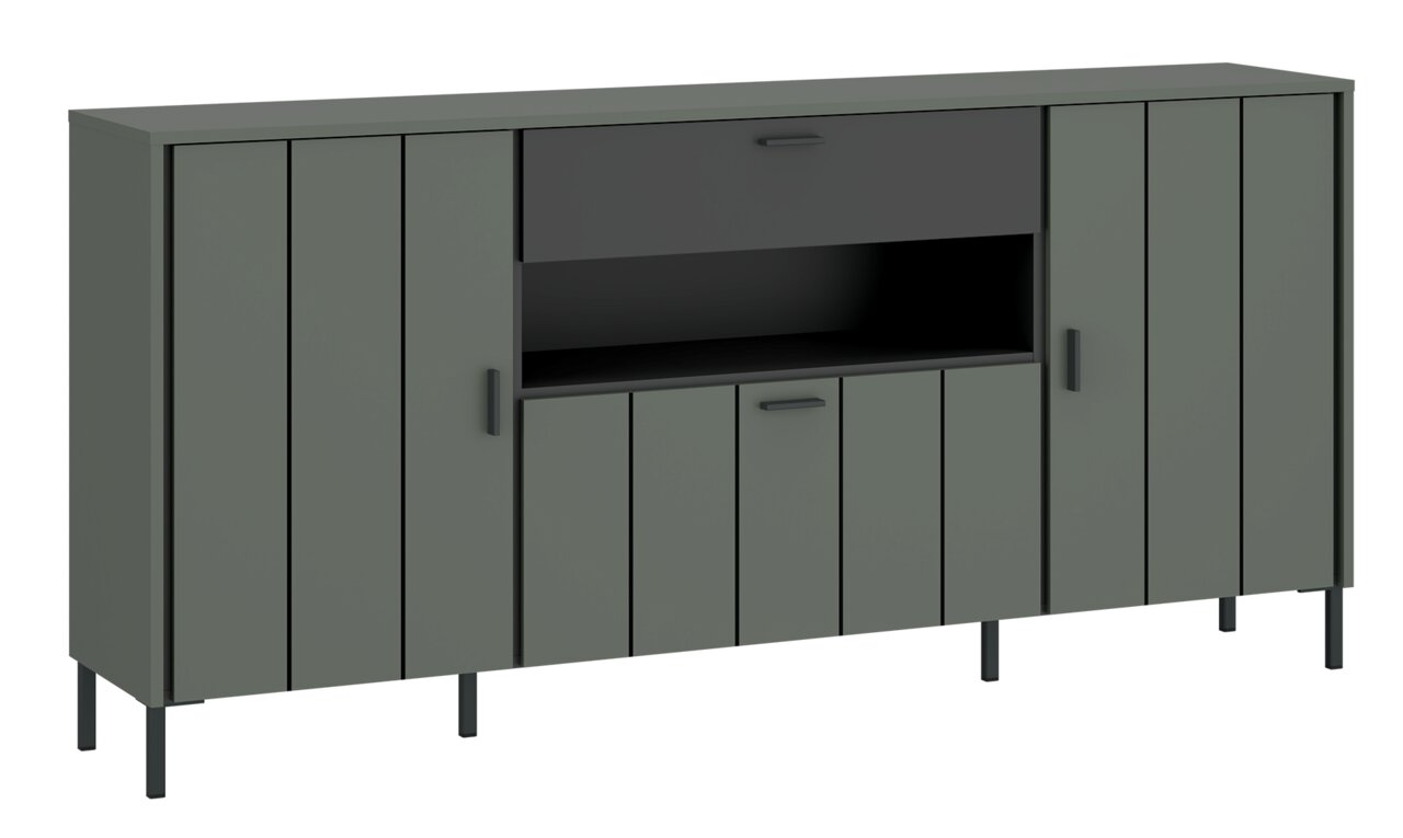 Modernes Sideboard SHIRLEY in dunklem Grau mit mehreren Türen und offenen Fächern, seitliche Perspektive.