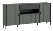 Modernes Sideboard SHIRLEY in dunklem Grau mit mehreren Türen und offenen Fächern, seitliche Perspektive.