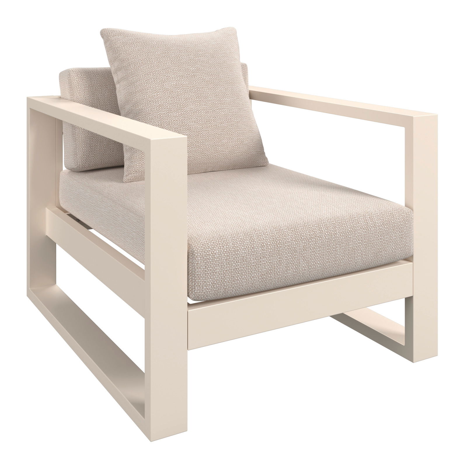 Moderner Lounge-Sessel mit cremefarbenem Kissen und minimalistischer Rahmenkonstruktion, seitliche Perspektive