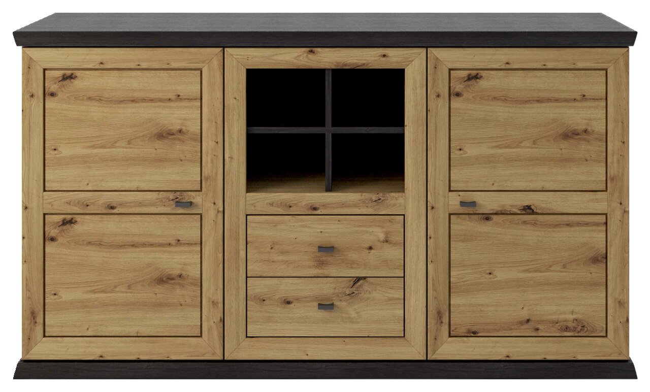 Vooraanzicht van een houten dressoir met twee deuren, twee lades en open vakken in het midden.