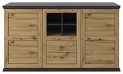 Frontale Ansicht eines Sideboards aus Holz mit zwei Türen, zwei Schubladen und offenen Fächern in der Mitte.