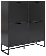 Schwarzes Highboard mit vier Klapptüren, modernes Design, seitliche Perspektive
