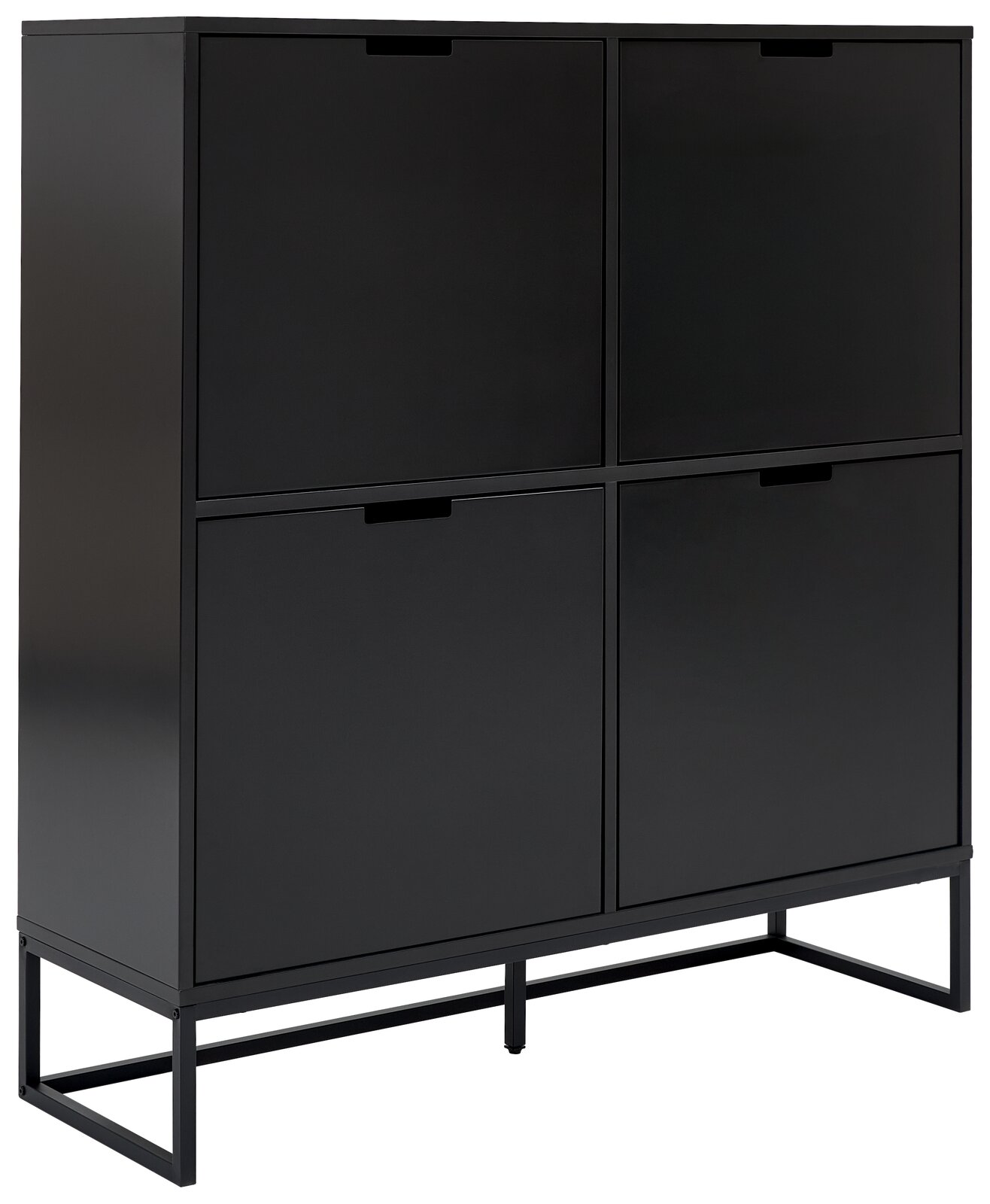 Schwarzes Highboard mit vier Klapptüren, modernes Design, seitliche Perspektive