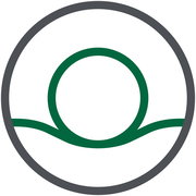 Grünes, stilisiertes Symbol eines Kreises mit geschwungenen Linien darunter, von vorne betrachtet.