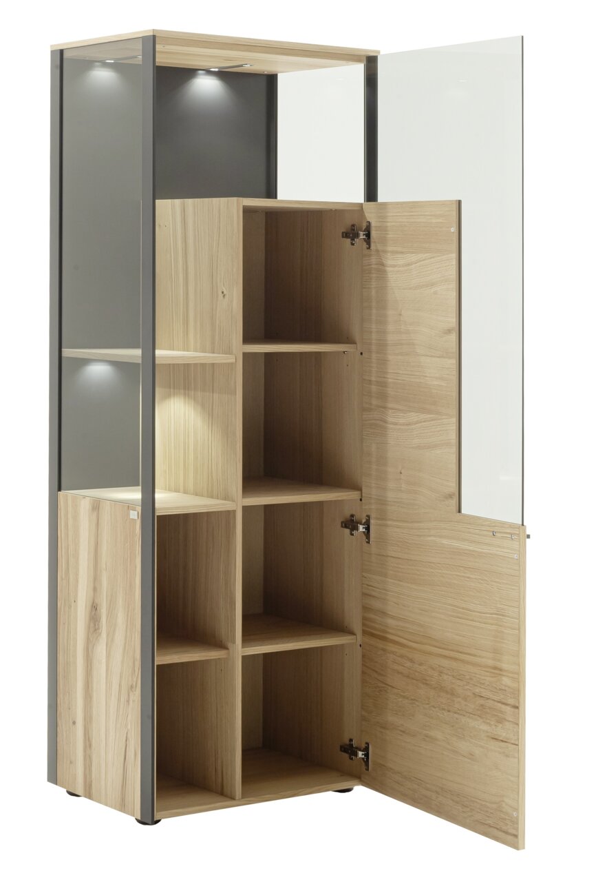Modern houten hoogkast met open en gesloten vakken, zijaanzicht