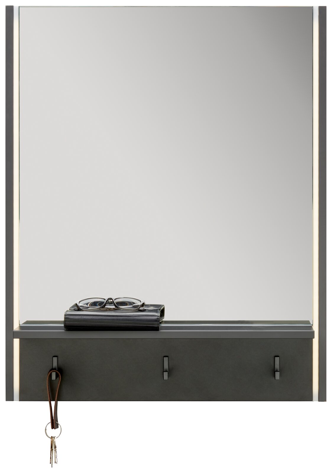 Moderner Spiegel mit integrierter Ablage und Haken, frontal betrachtet