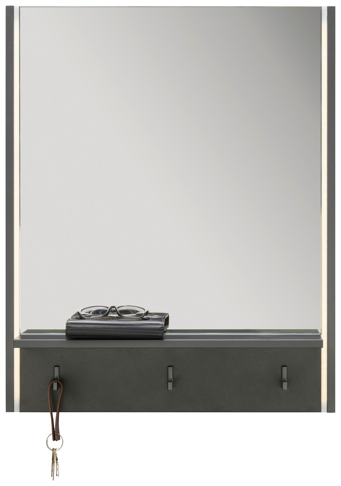 Moderner Spiegel mit integrierter Ablage und Haken, frontal betrachtet